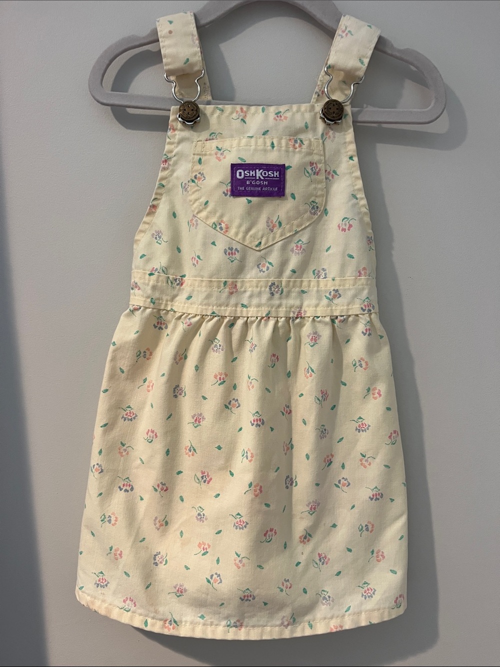 Vintage OshKosh B'gosh Cream Floral Overall Dress with Pink & Green Accents